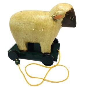Folk Art Wood Lamb Sheep Pull Toy Hand Painted Primitive Farm Core 8 x 7 x 5